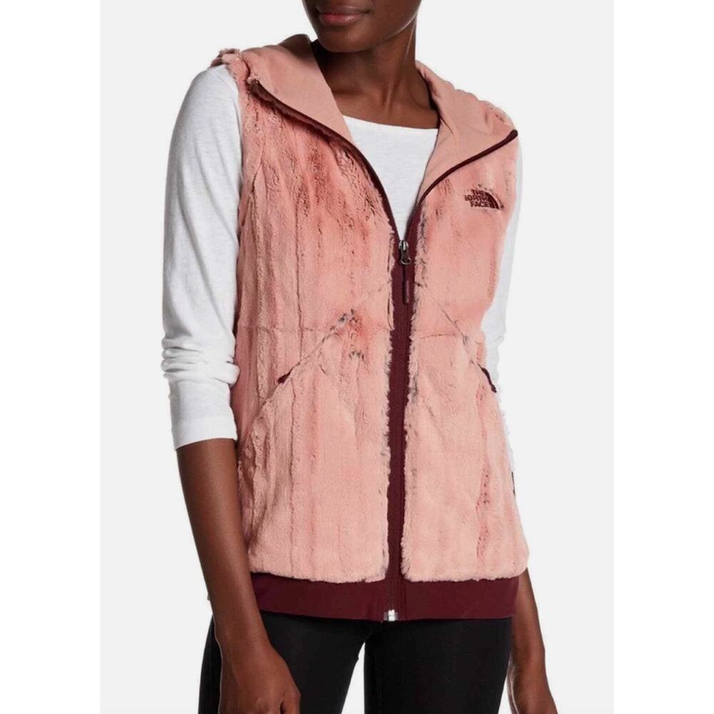 The North Face Furlander Hooded Faux Fur Vest Peach Maroon Zip Pockets Womens XS